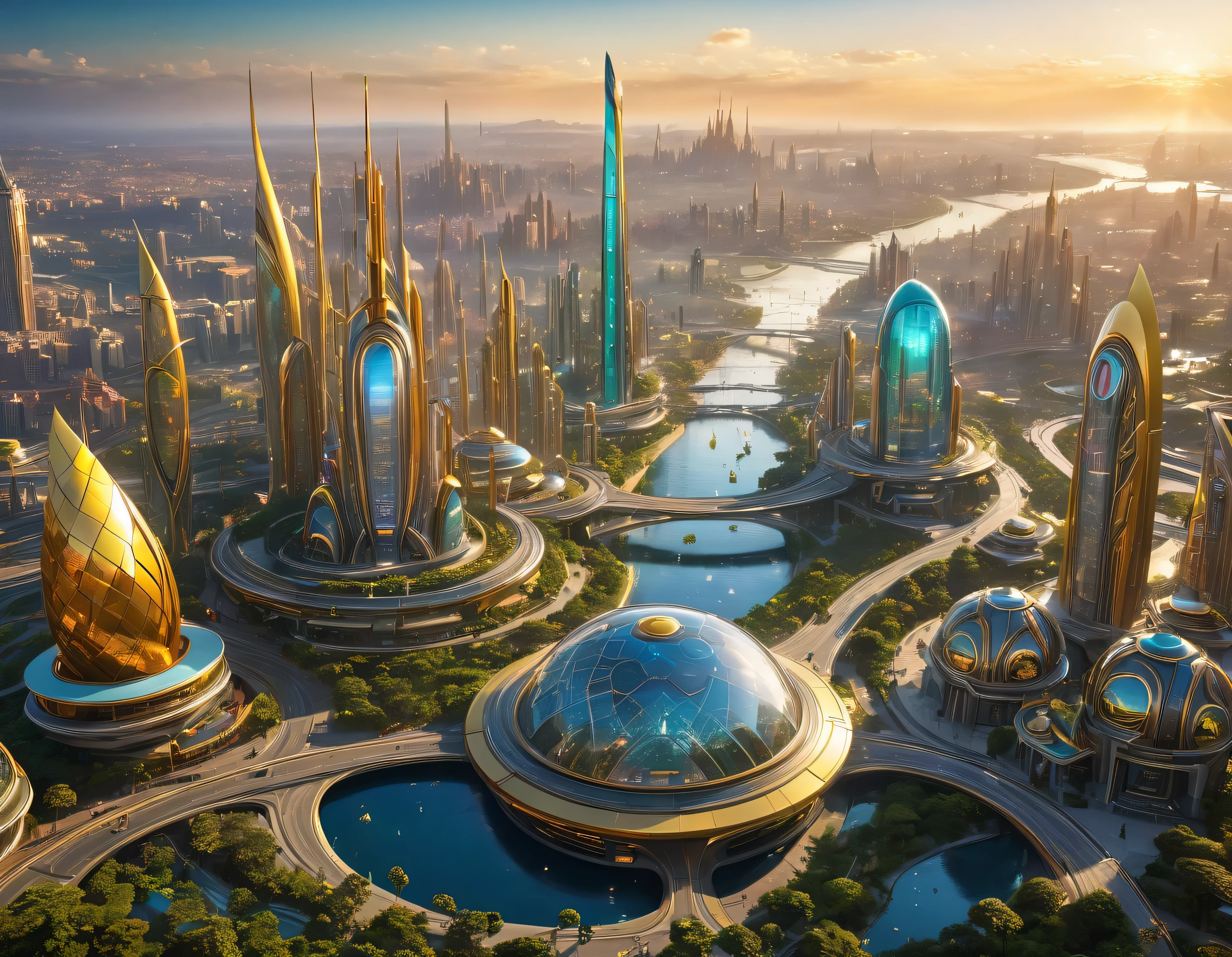 (Beleuchtung zur goldenen Stunde), Megacity, Megalopolis einer imaginären Science-Fiction-Welt , ähnlich einem futuristischen Disneyland, und maximale Fantasie, mit riesigen Gebäuden und ovalen und zwölfeckigen Wolkenkratzern, die aus Metall und Glas gruppiert sind und in denen silberne und farbenfrohe Leuchtreklamen vorherrschen.. Gut definiertes 8K-Bild, (komplizierte Details der Maschine), mit vielen Gebäuden zusammen.(Meisterwerk von höchster Qualität).(fotorealistisches Bild), absolute Schärfe bis in den Hintergrund