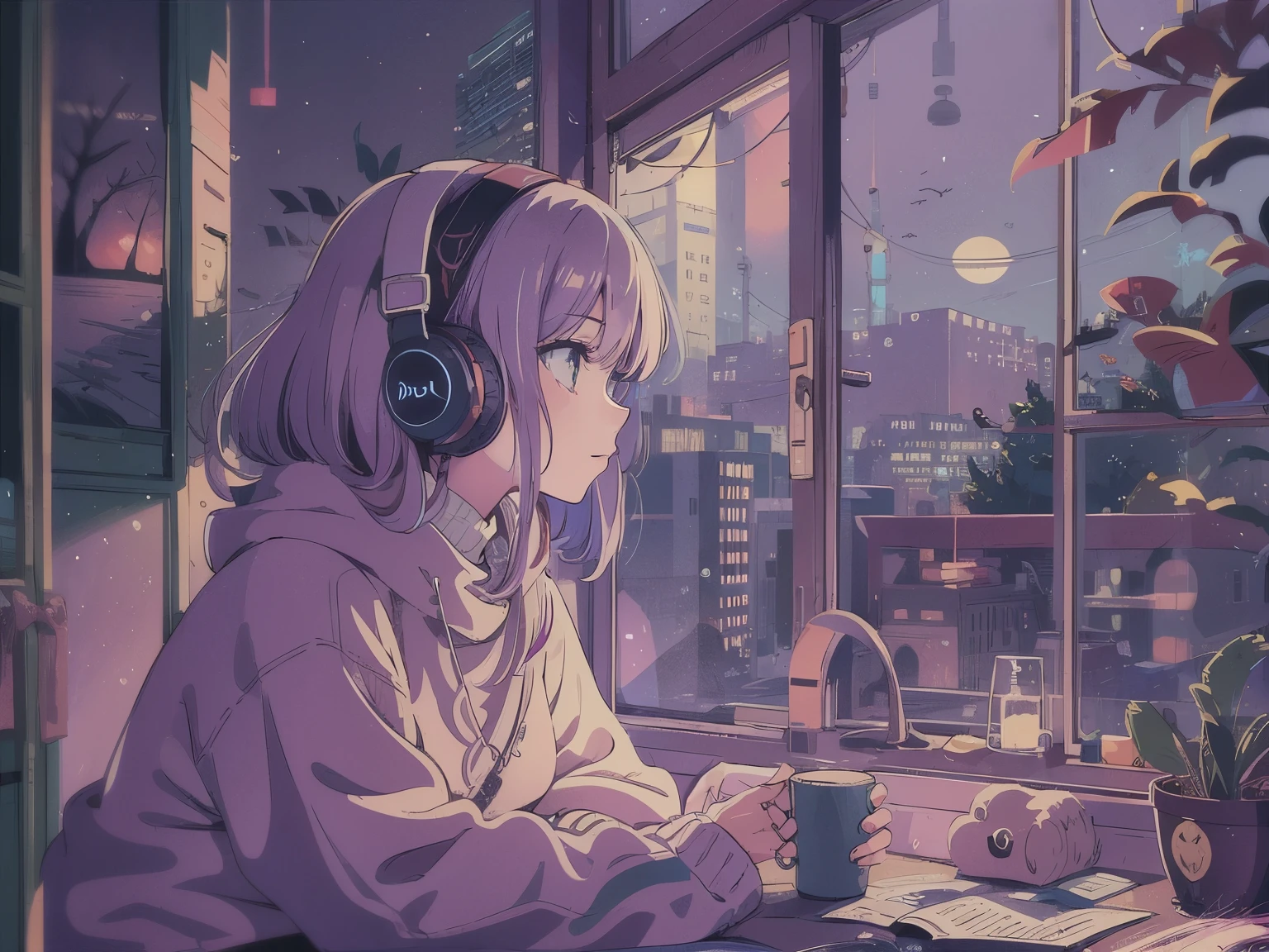 Ein detailliertes Anime-Mädchen, Einen großen Pullover tragen, Tragen von Kopfbügel-Kopfhörern, Lob, still, Ruhige Vibes, Abkühlen, in ihrem Schlafzimmer und schaut zum Fenster, Nacht, quiet Nacht, Katze, Meisterwerk, beste Qualität