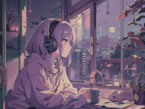 a detailed anime girl, wearing a large sweater, wearing headband headphones, lofi, tranquil, quiet vibes, chilling, in her bedro...