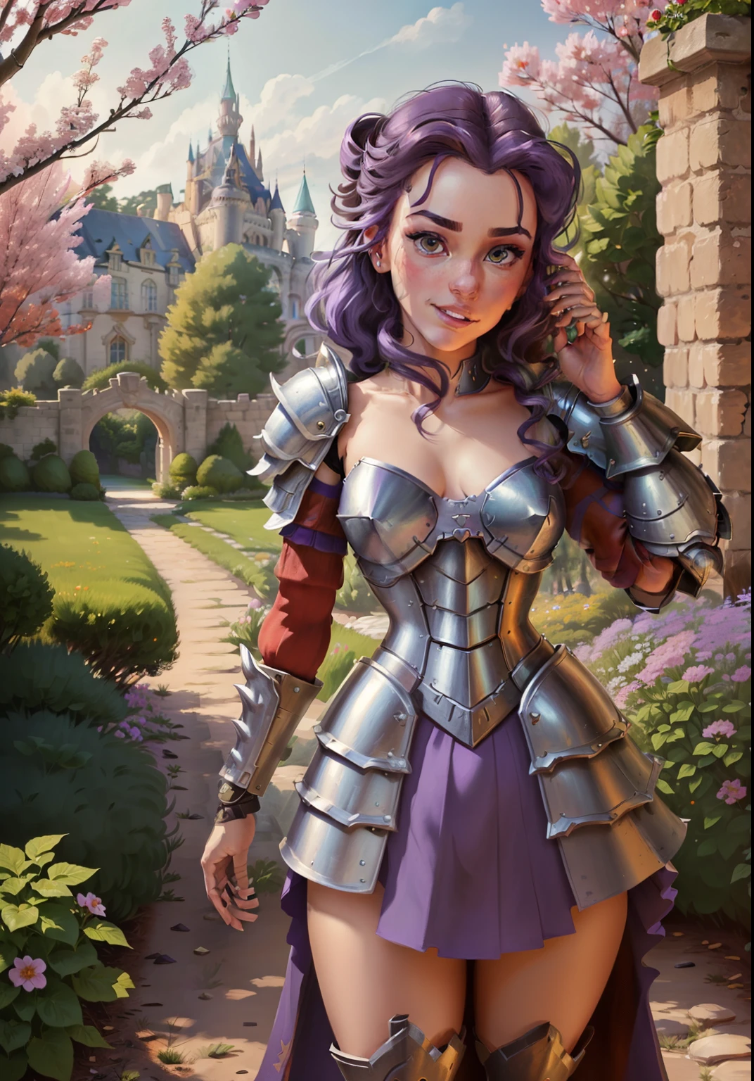 (BelleWaifu:1), (knight's armor:0.5), the garden in the background, surprised, cute, cute pose, (flirting), looking at the viewer, (square hairstyle), (purple hair), (red skirt:1.2), (An armored lifter on a naked body:1.5), (Sword in hand:0.7), :D, (realistic: 1), (cartoon), (masterpiece: 1.2), (best quality), (over-detailed), (8k, 4k, intricate), (full-length shot: 1), (cowboy shot: 1.2), (85mm), light particles, lighting, (very detailed: 1.2), (detailed face: 1), (gradients), sfw, colorful, (detailed eyes: 1.2), (detailed landscape, trees, garden, castle:1.2),(detailed background), detailed landscape, (dynamic angle:1.2), (dynamic pose:1.2), (rule third_composition:1.3), (line of action:1.2), wide view, daylight, solo
