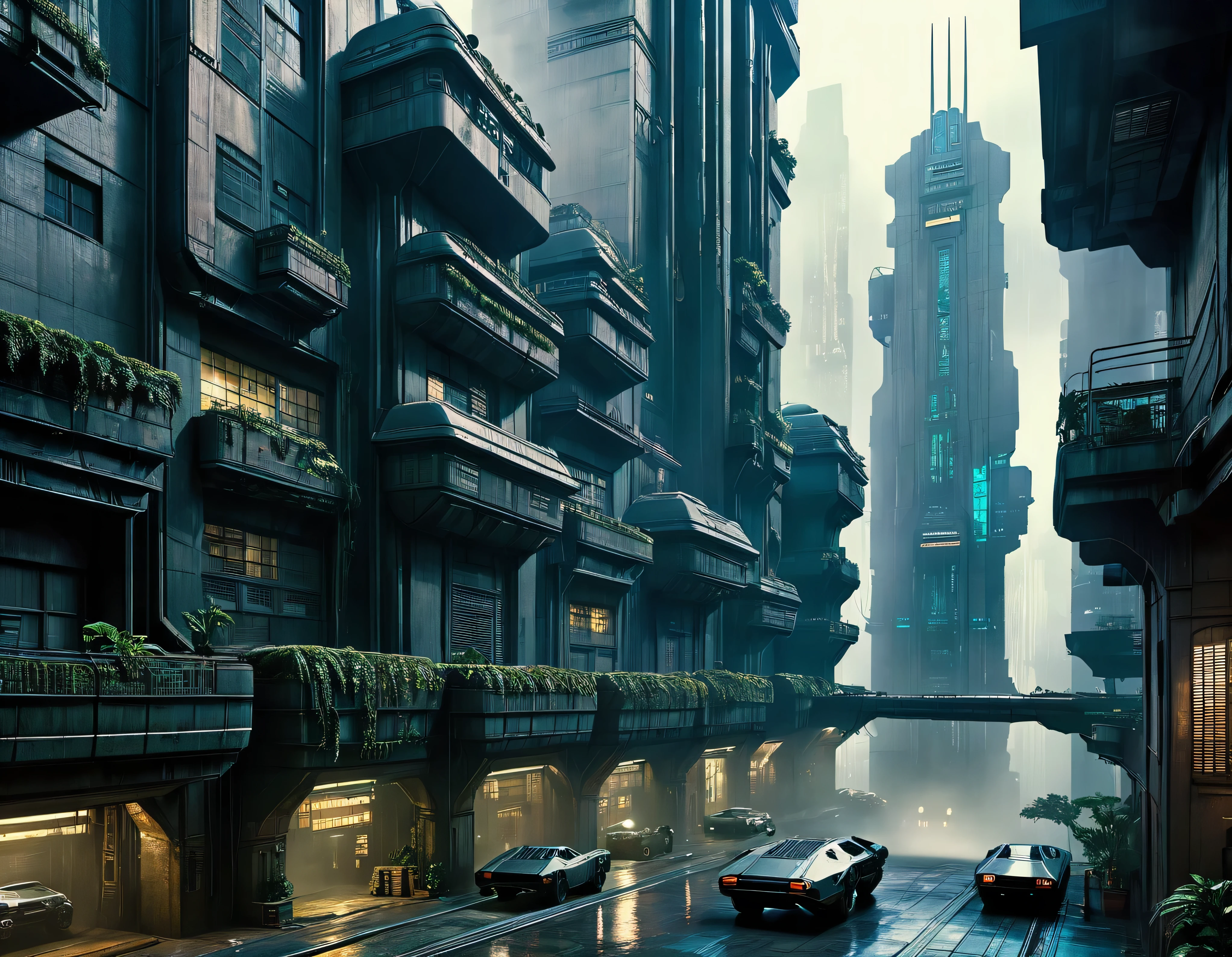 image de Blade Runner où l'on peut voir le bâtiment de la société Tyrell , rues adjacentes et pistes de vaisseaux-voitures volants, dans un environnement cyberpunk et futuriste, chef-d&#39;œuvre , détails complexes de la machine , 8k.