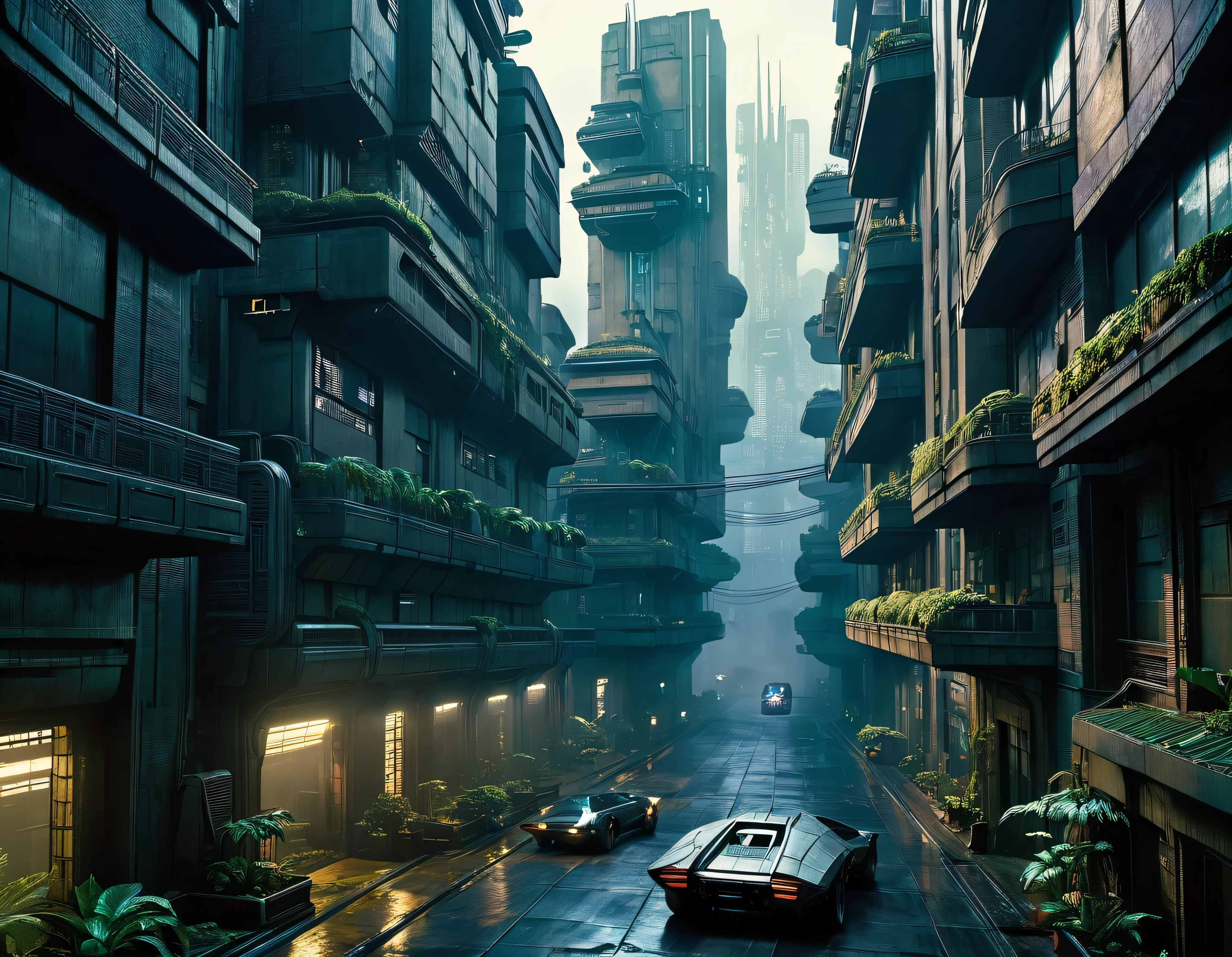 image de Blade Runner où l'on peut voir le bâtiment de la société Tyrell , rues adjacentes et pistes de vaisseaux-voitures volants, dans un environnement cyberpunk et futuriste, chef-d&#39;œuvre , détails complexes de la machine , 8k.