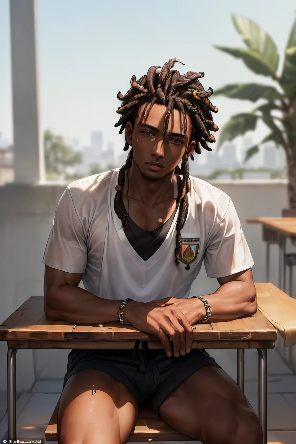 ((Mejor calidad): This image exhibits the highest level of quality, showcasing every detail in exceptional clarity and depth. It is an intricately crafted ((obra maestra)) that captures the essence of a ((detallado)) young man with perfection.

He is a slender, ((flaco)) ((chico negro)), adorned with ((rastas)), sitting ((recostado en el pupitre)). His flawless ((piel negra)) complexion stands out against the crisp background, his features framed by the adult world of the classroom. Worn casually, his ((uniforme escolar)) hangs loosely on his frame, revealing