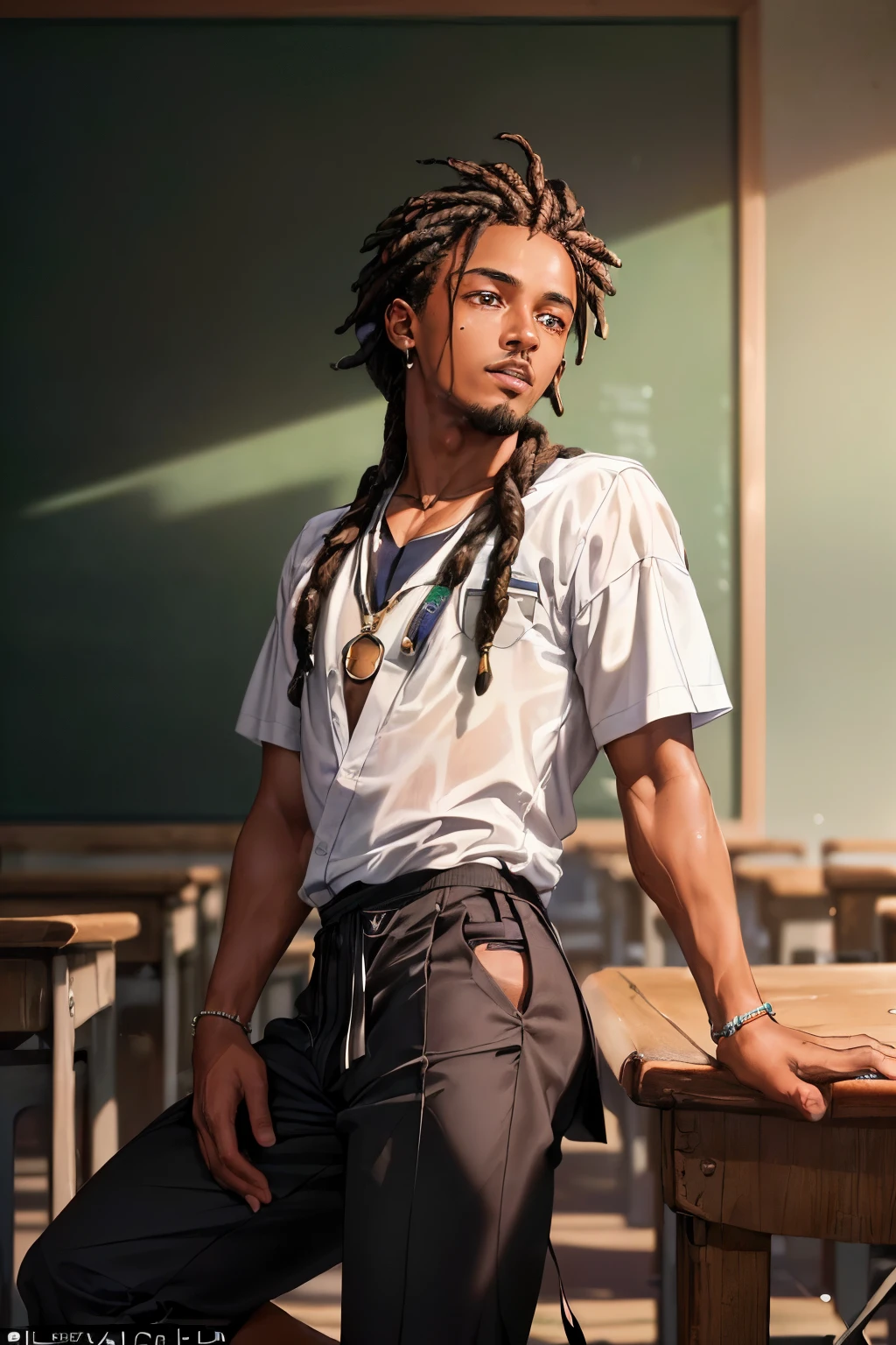 ((Mejor calidad): This image exhibits the highest level of quality, showcasing every detail in exceptional clarity and depth. It is an intricately crafted ((obra maestra)) that captures the essence of a ((detallado)) young man with perfection.

He is a slender, ((flaco)) ((chico negro)), adorned with ((rastas)), sitting ((recostado en el pupitre)). His flawless ((piel negra)) complexion stands out against the crisp background, his features framed by the adult world of the classroom. Worn casually, his ((uniforme escolar)) hangs loosely on his frame, revealing