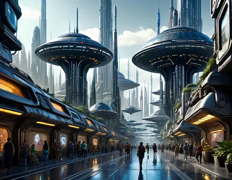 street of an extraterrestrial alien megalopoliezcla de coruscant de star wars y la ciudad futurista de tomorrowland), with futur...