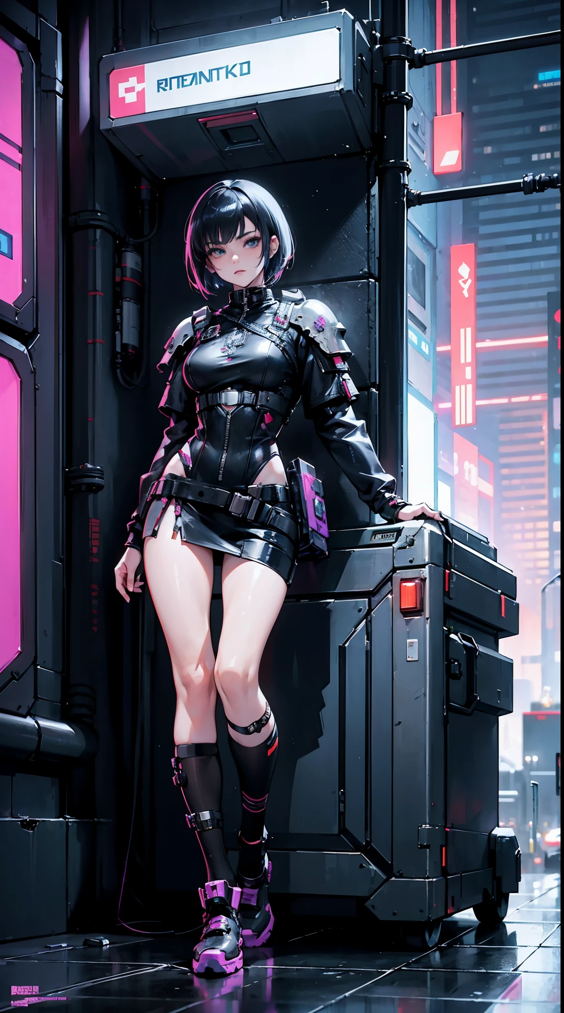 "Full body representation (from feet to head), frontal, 1girl, beautiful cyberpunk princess dressed in armor and short hair. The image must be hyper-realistic, with an extremely detailed face. Texture resolution must be 16k."