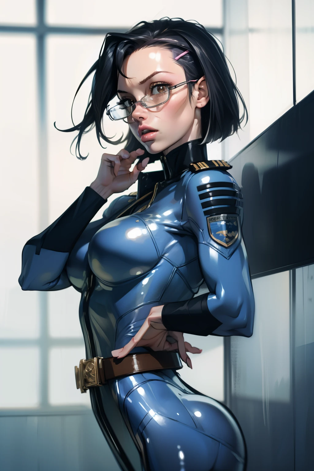 (masterpiece, best quality:1.2), solo, 1girl, niimi kaoru, expressionless, closed mouth, looking back, hairclip, glasses, bodysuit, uniform, belt
