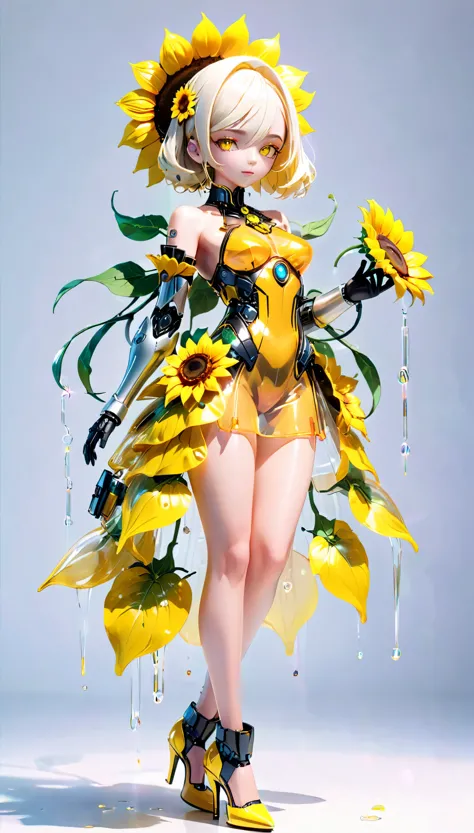 (Blind Box Spielzeug Stil:1.2),full body, solo,white background,(A female robot in a transparent yellow Sunflower dress, wearing gloves and high heels),(Chinese color,Very colorful), Cyberpunk, Dreamy Glow, Luminous neon lamp, 3D