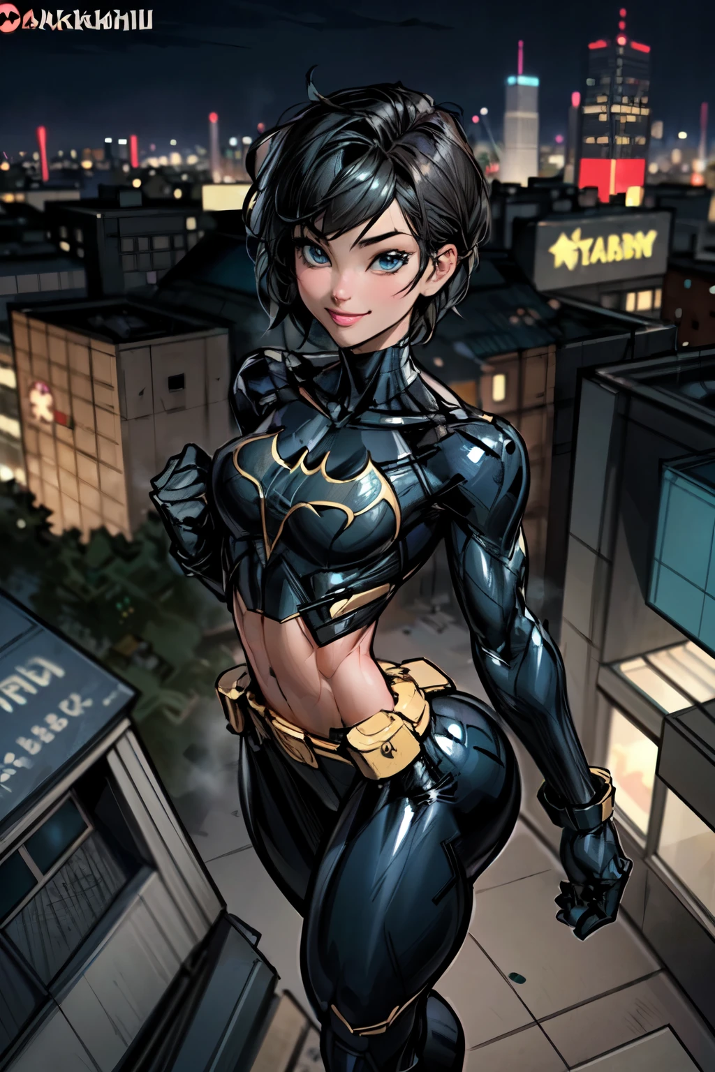 (obra de arte, melhor qualidade),1 garota, Sozinho, cassandra cain, terno de batgirl, Cabelo preto, Olhos castanhos, sorriso,
cidade de akihabara, dos mortos,  noite,  de cima, Telhado em pé, sinal de neon, Centro de jogos,(obra de arte:1.2), (melhor qualidade:1.2), olhos perfeitos, Rosto Perfeito, iluminação volumétrica, abdômen, tonificado, quadris largos, coxas grossas, seios pequenos,