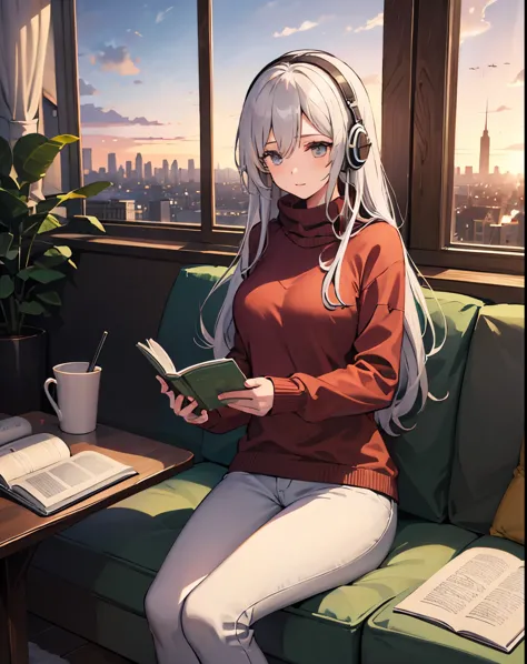 a detailed anime girl, wearing a large sweater, wearing headband headphones, lofi, tranquil, quiet vibes, chilling, in her livin...