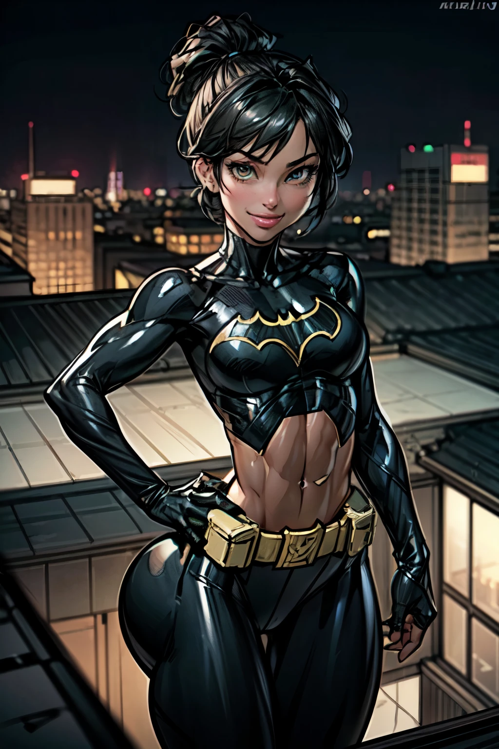 (best quality,4k,8k,highres,masterpiece:1.2),ultra-detailed),HDR,UHD,(masterpiece, best quality),1girl, solo, cassandra cain, batgirl suit, black hair, brown eyes, smile,
akihabara city, of the dead,  night,  from above, STANDING rooftop, neon sign, game center,(masterpiece:1.2), (best quality:1.2), perfect eyes, perfect face, volumetric lighting, abs, toned, wide hips, thick thighs, small breasts,