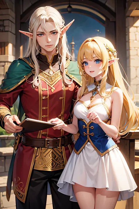 half-elf bard man with a beautiful blonde woman