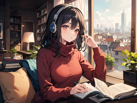 A detailed anime girl, wearing a large sweater, wearing headband headphones, lofi, tranquil, quiet vibes, chilling, in her livin...