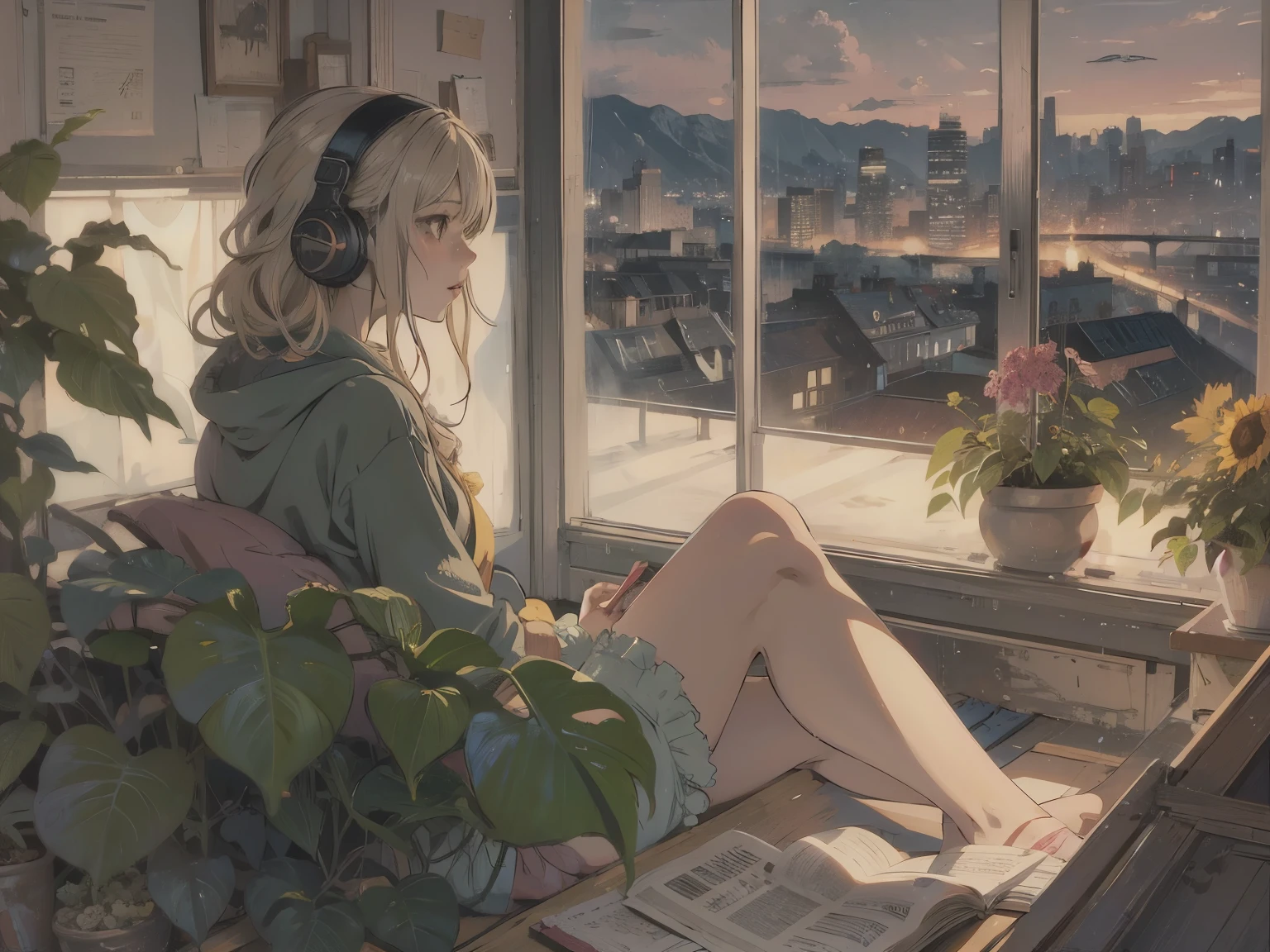 A detailed anime girl, wearing a large sweater, wearing headband headphones, lofi, tranquil, quiet vibes, chilling, in her living room reading, A large window with a view over the city, city skyline visible outside, quiet night, cat, masterpiece, best quality, big sunflowers, ficus, bougainvillea, flowers, books