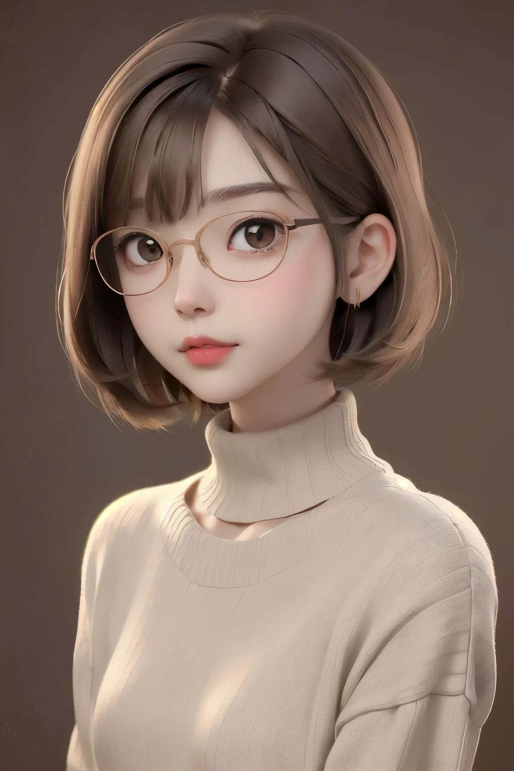 best quality, cartoon_portrait, 1girl, solo, looking at viewer, short hair, simple background, brown hair, bob cut, brown eyes, closed mouth, glasses, sweater, lips, swept bangs, brown background, red lips, 