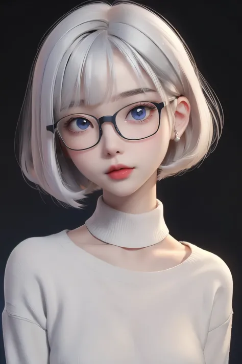 best quality, cartoon_portrait, 1girl, solo, looking at viewer, short hair, simple background, white hair, bob cut, blue eyes, c...