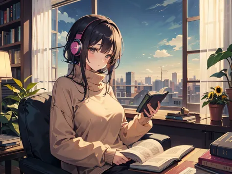 A detailed anime girl, wearing a large sweater, wearing headband headphones, lofi, tranquil, quiet vibes, chilling, in her livin...