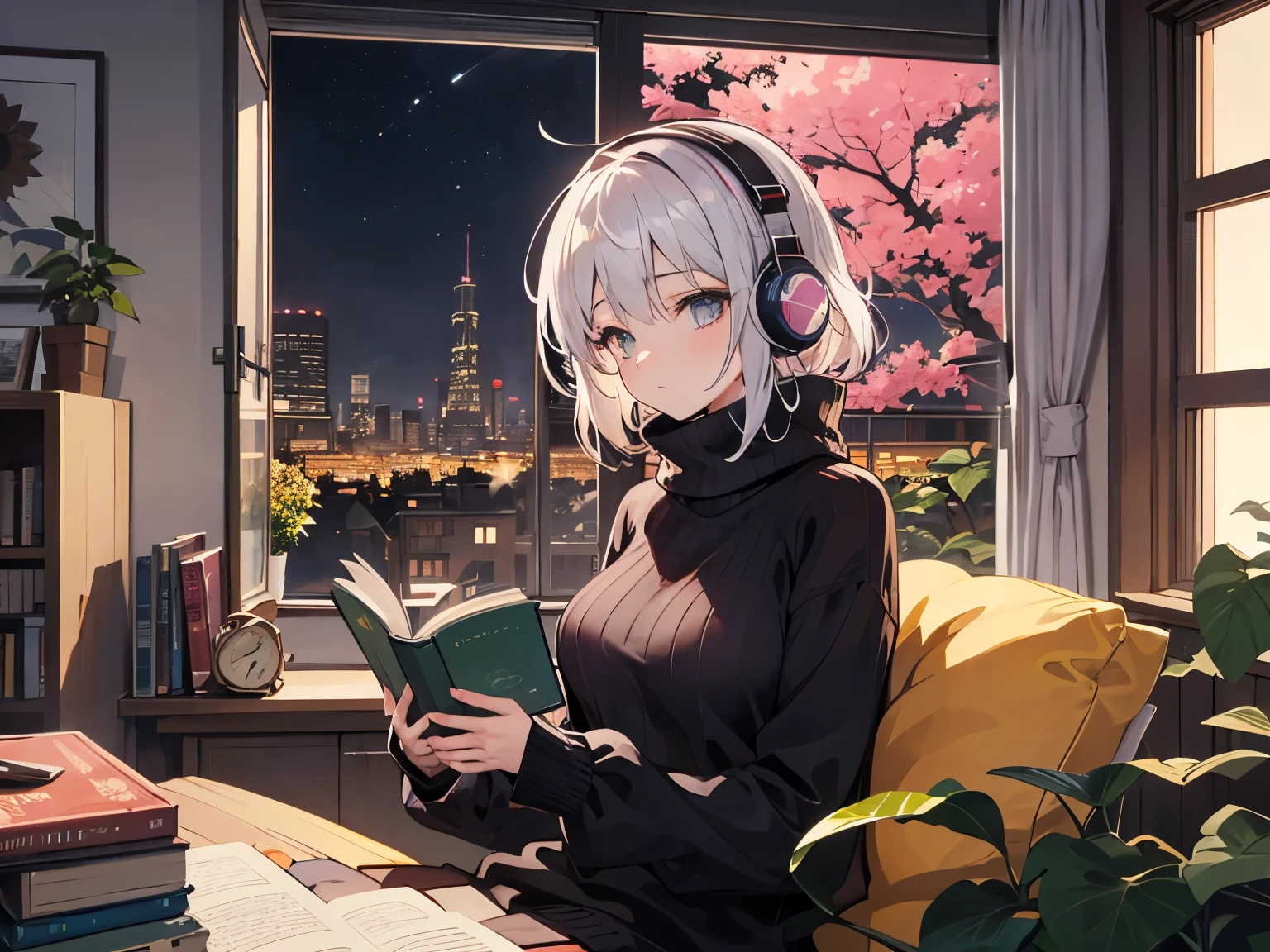 A detailed anime girl, wearing a large sweater, wearing headband headphones, lofi, tranquil, quiet vibes, chilling, in her living room reading, A large window with a view over the city, city skyline visible outside, quiet night, cat, masterpiece, best quality, big sunflowers, ficus, bougainvillea, flowers, books