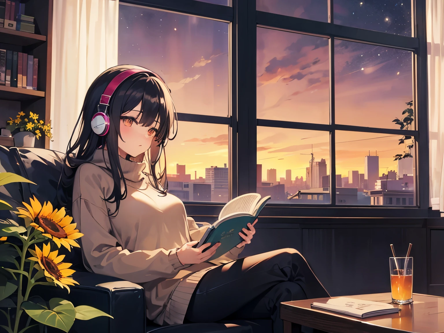 A detailed anime girl, wearing a large sweater, wearing headband headphones, lofi, tranquil, quiet vibes, chilling, in her living room reading, A large window with a view over the city, city skyline visible outside, quiet night, cat, masterpiece, best quality, big sunflowers, ficus, bougainvillea, flowers, books