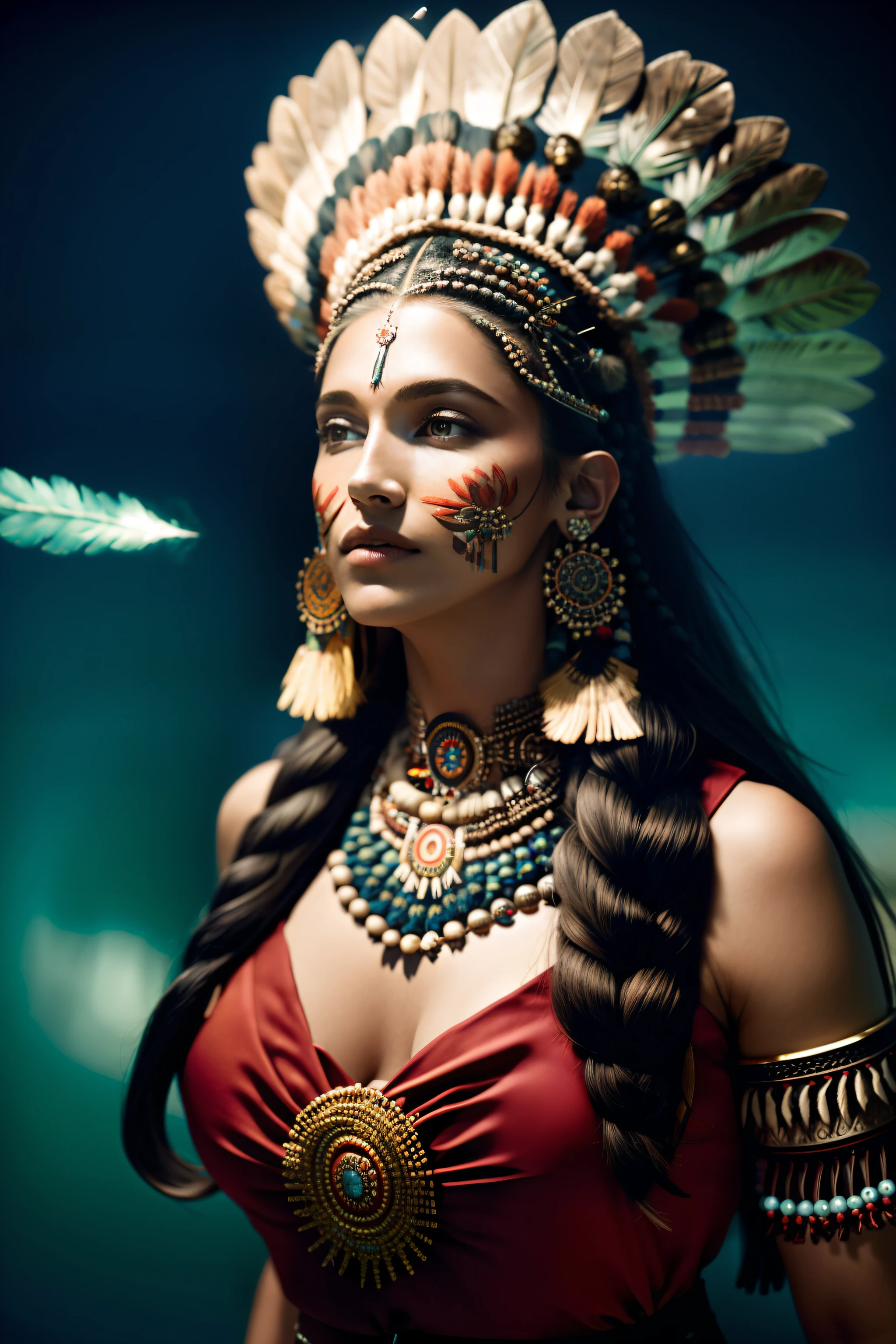 (full portrait), solo, detailed background, detailed face, (stonepunkAI, stone theme:1.1), wise, (female), (native american), (beautiful hair, braids:0.2), shaman, septum piercing, mystical, (gorgeous face), stunning, head tilted upwards, (looking at viewer, serene expression), calm, meditating, Seafoam Green frayed clothes, prayer beads, tribal jewelry, feathers in hair, headdress:0.33, jade, obsidian, detailed clothing, deep cleavage, realistic skin texture, (floating particles, water swirling, embers, ritual, whirlwind, wind:1.2), sharp focus, volumetric lighting, good highlights, good shading, subsurface scattering, intricate, highly detailed, ((cinematic)), dramatic, (highest quality, award winning, masterpiece:1.5), (photorealistic:1.5), (intricate symmetrical warpaint:0.5),
