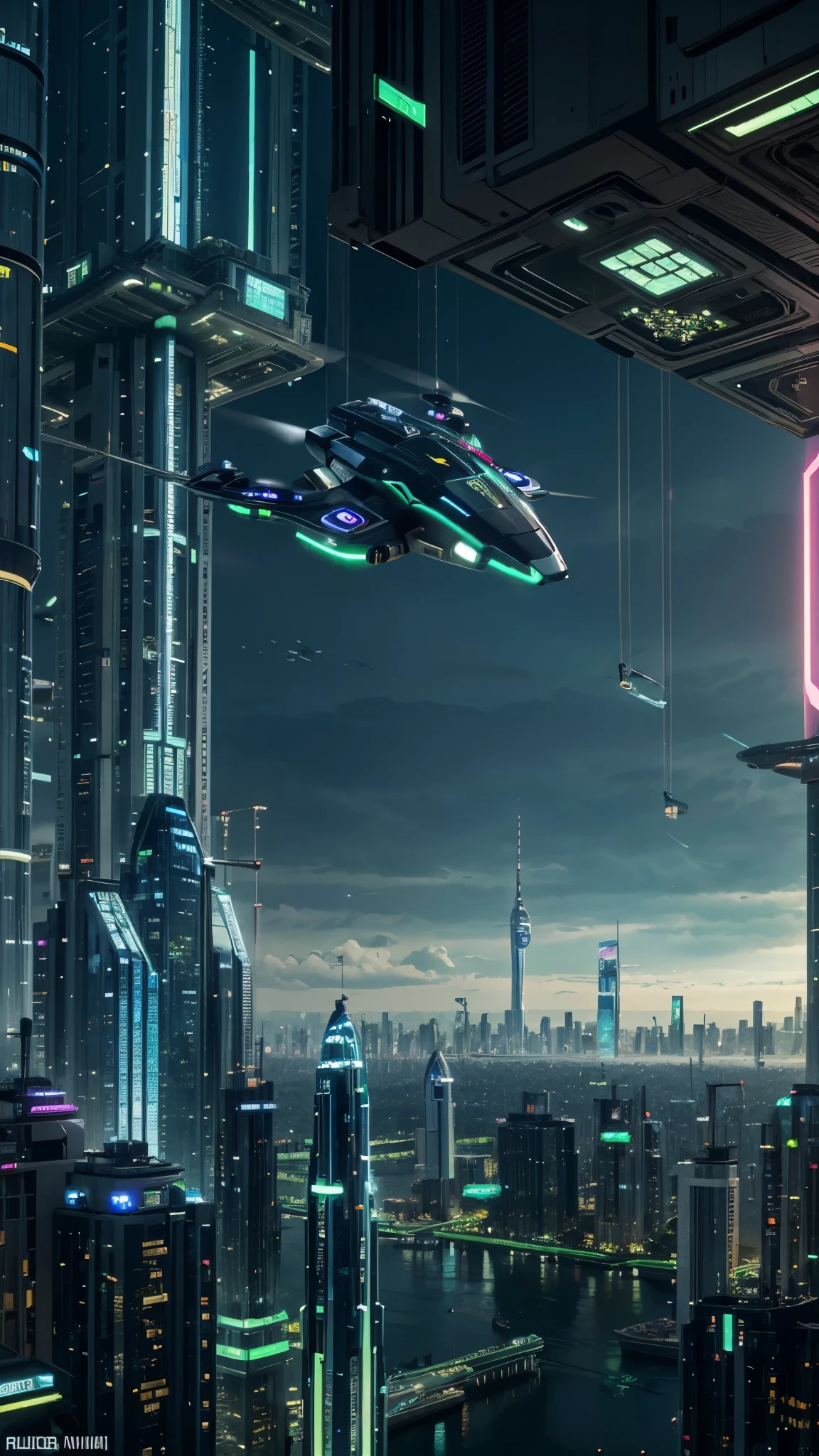 Futuristic city with a neon sign and a spaceship flying over it - SeaArt AI