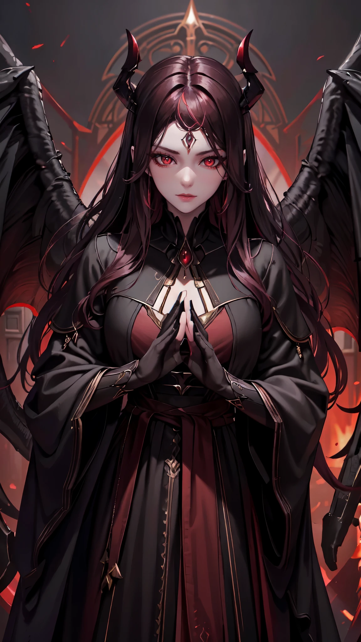 Dark race、Illustration details of beautiful bloods、Premium image quality、Highlight effect、night、opulent、A unique face、red color eyes、cabelos preto e longos、Wide black wings、a sense of mystery、Dark atmosphere, detailed eyes, detailed face, detailed hands