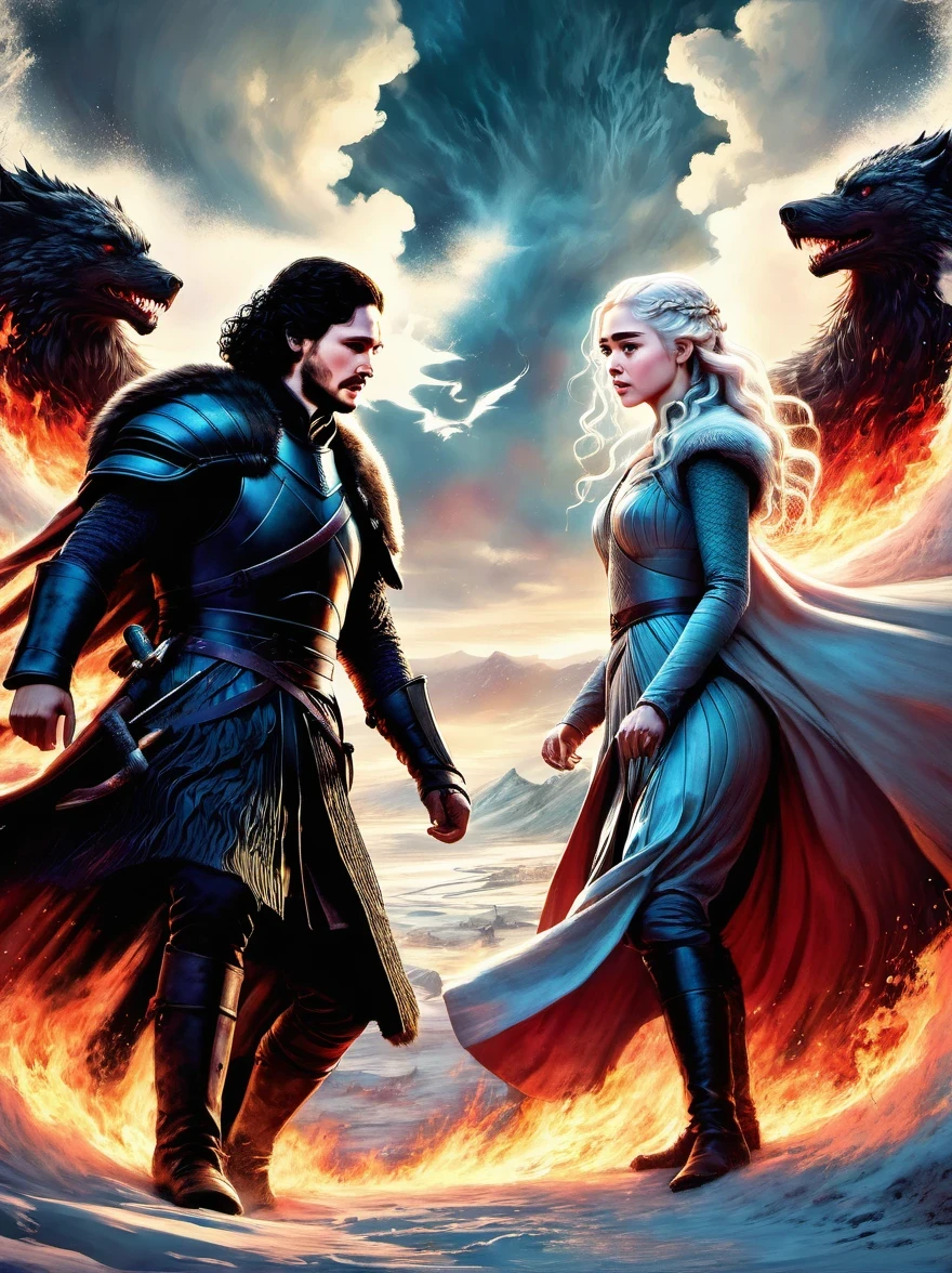 game of Thrones，Jon Snow and Daenerys Targaryen, 两个人面opposite side, The decisive moment，showdown，be opposed to，fighting，opposite side，looking at each other，Epic fantasy digital art style, Beautiful science fiction myth, fire and ice, epic fantasy art style, epic fantasy art style HD, Symmetric epic fantasy art, Graphic artist Magalivilleneuve, Alaina Akhenami (Alaina Enami) and atjem, Ross Painting 2. 0