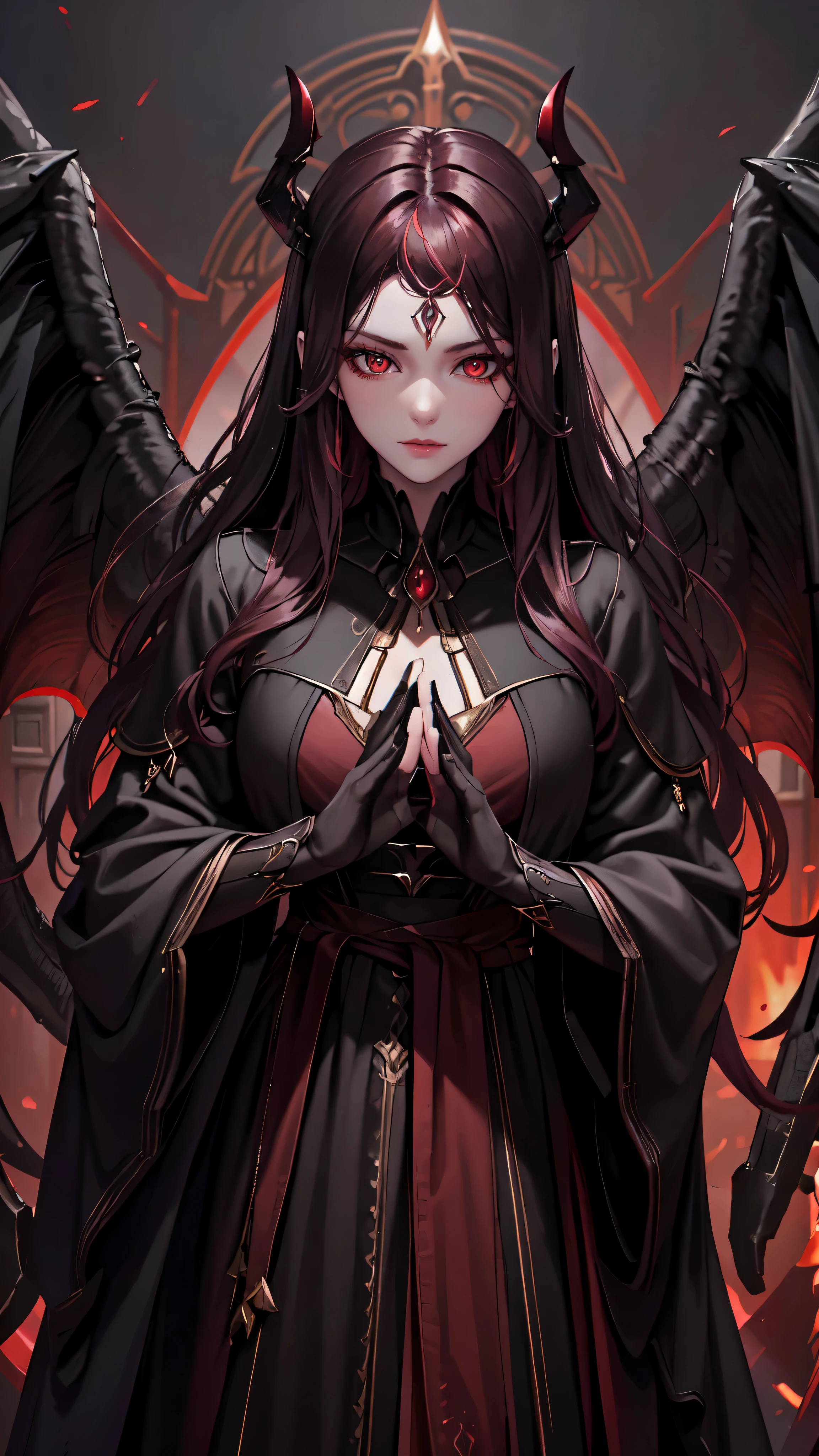 Dark race、Illustration details of beautiful bloods、Premium image quality、Highlight effect、night、opulent、A unique face、red color eyes、cabelos preto e longos、Wide black wings、a sense of mystery、Dark atmosphere, detailed eyes, detailed face, detailed hands