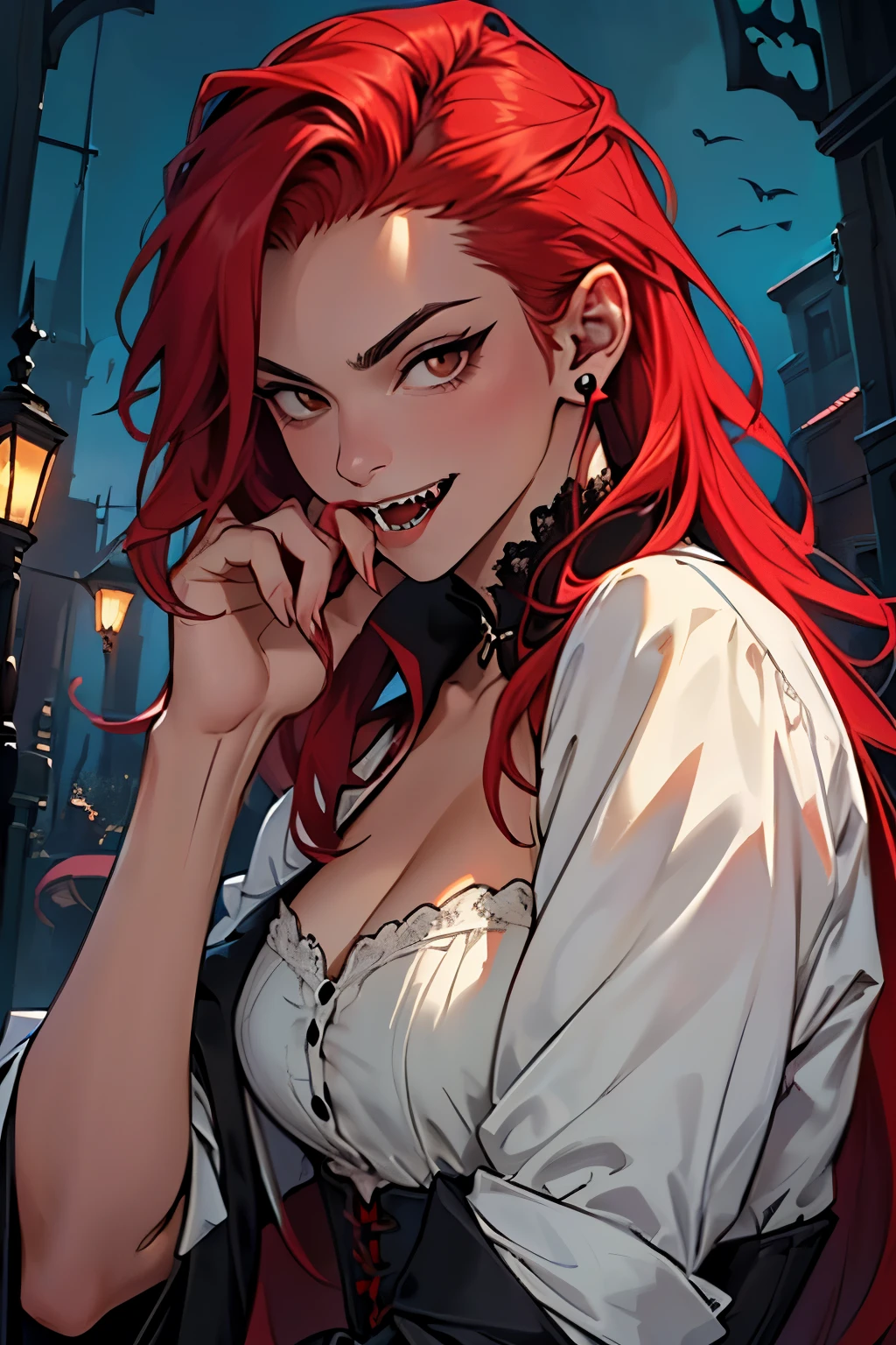 ((best quality)), ((masterpiece)), (detailed), ((ONE VAMPIRE)), ((PERFECT FACE)), ((PERFECT BODY)), ((PERFECT HAND )), ((PERFECT EAR)), ((PERFECT NOSE)), ((perfect mouth)), (( SKINNY)) ((RED HAIR)), ((LARGE FANGS)), ((PERFECT BROWN EYES)), ((LOOK, SEDUCTIVE)) night