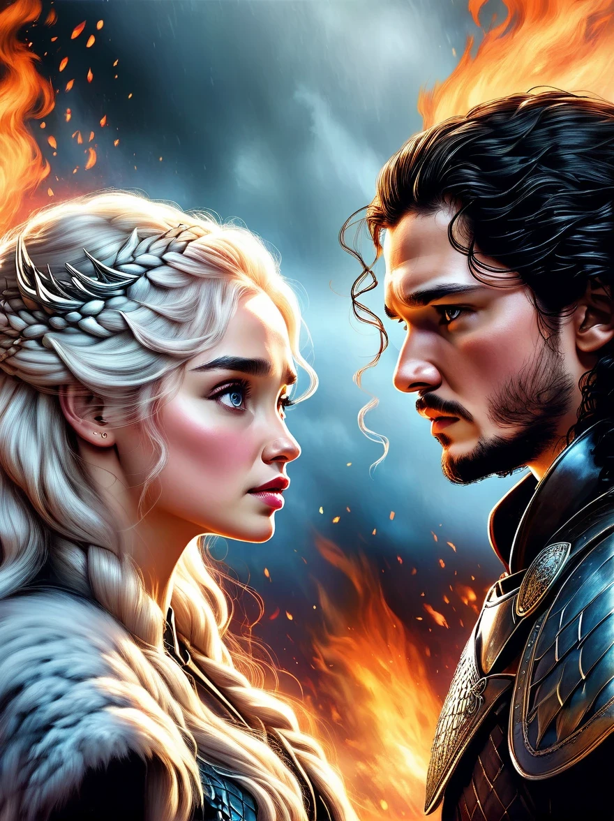 game of Thrones，Jon Snow and Daenerys Targaryen, 两个人面opposite side, The decisive moment，showdown，be opposed to，fighting，opposite side，looking at each other，Epic fantasy digital art style, Beautiful science fiction myth, fire and ice, epic fantasy art style, epic fantasy art style HD, Symmetric epic fantasy art, Graphic artist Magalivilleneuve, Alaina Akhenami (Alaina Enami) and atjem, Ross Painting 2. 0
