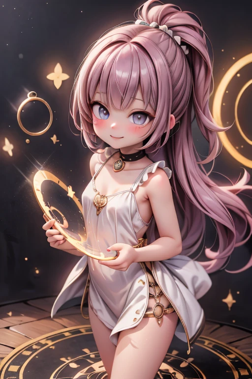 masterpiece, best quality, absurdress, a cute sorceress smiling, emerging from a magic (((glowing circle of light))), ((at night)), (luminous circle), light circle