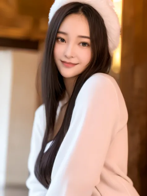 (​masterpiece, top-quality、Very attractive adult beauty、Add intense highlights to the eyes、Look firmly at the camera),1girl in, solo, Light brown shiny hair, muffler,Santa Claus hat,realisitic, looking at the viewers, Light colored crystal light blue eyes,...