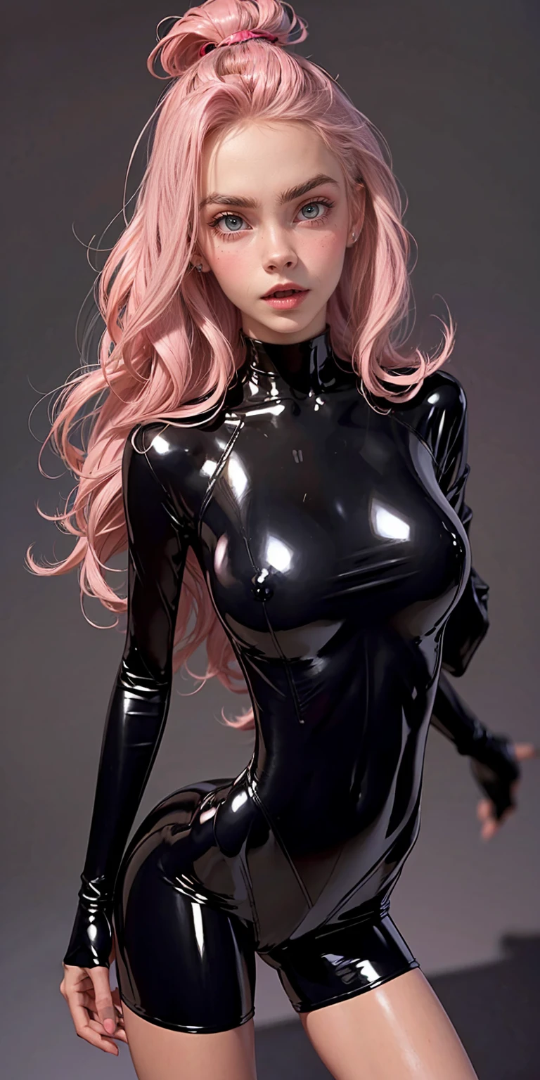 (1 girl), (cara delevingne), young girl, masculine physique, seductive face, seductive look, long pink hair, perfect muscular body, super skinny legs, black latex bodysuit, (huge muscular arms:1.25),
