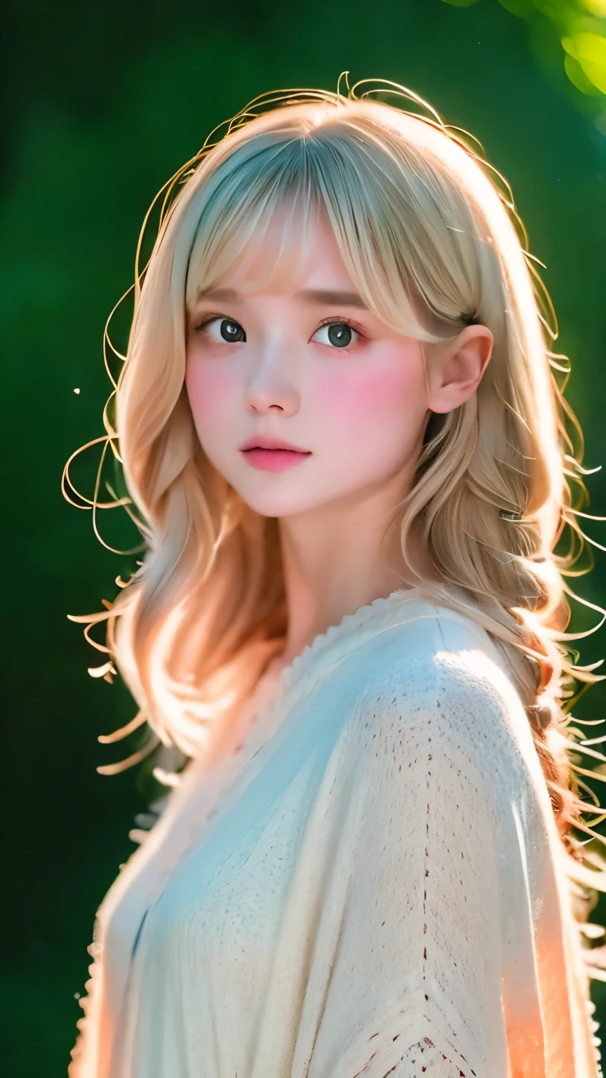 High quality portrait photography、in a fantastic forest、one girl、Very cute、ash blonde hair、small nose、plump lips、Eyes of precise precision、standing in silence、An ennui look、natural body、white poncho、Forest Spirit、rabbit、Cait Sea、in the deep forest、wood洩れ日、wood々tunnel of、blurred background、Backlight:0.5, medium depth of field, Photographed with Canon 5D, 50mm lens, f/4 apertures, (very detailed, intricate details), sharp focus, calm colors, 8k, confused, 8mm film grain,