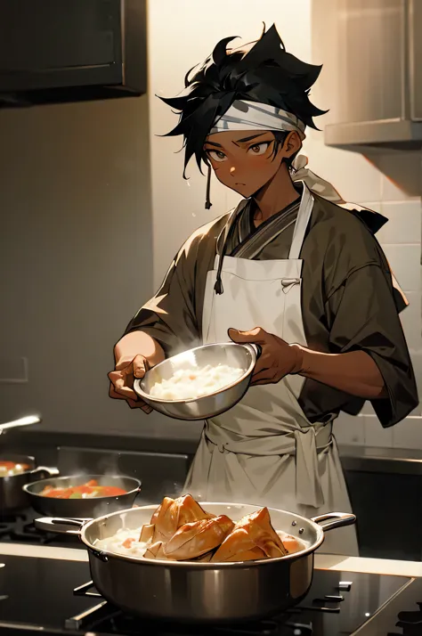 1 male, young adult, african american skin color, kitchen background, cooking, black hair, bandana on head, masterpiece quality,...