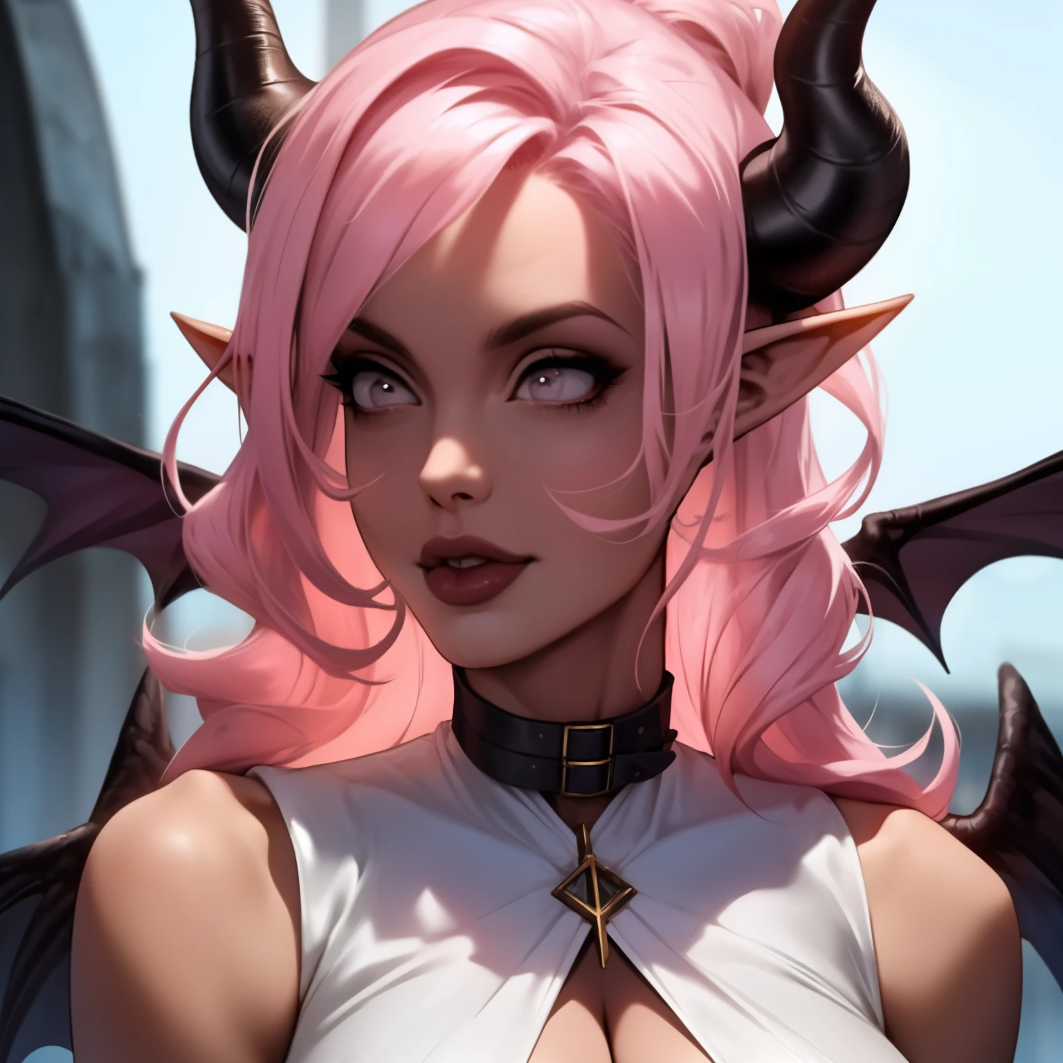 A succubus with elf ears., little black horns, and small wings. She has Ojos blancos en blanco and long curly bubblegum pink hair. Lleva un traje de monja y un collar de cuentas de rosario.. Her figure is very curvy with an hourglass shape... The succubus is represented alone in the scene.. The artwork is created using a digital illustration medium, brindando la mejor calidad, with ultra-detailed and realistic features. The colors are vibrant and the lighting is carefully designed to enhance the overall atmosphere.. sin alumnos, Ojos blancos en blanco