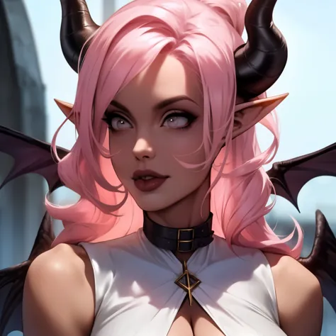 a succubus with elf ears., little black horns, and small wings. she has ojos blancos en blanco and long curly bubblegum pink hai...