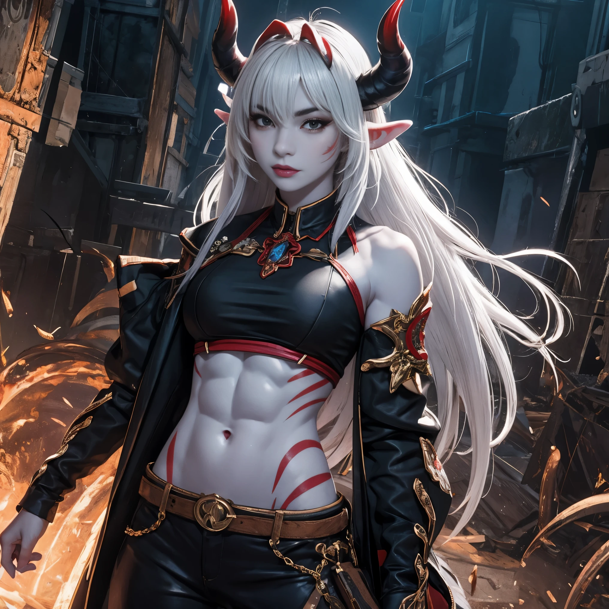 masterpiece, 8k resolution, high quality, high resolution, best quality, extremally detailed, best resolution, absurd resolution, ray tracing, high detailed, extremely detailed,detailed face, shoulder length white hair, female oni,two red horns on her head, muscular body, blue skin, scars, six pack abs, exposed midriff, tall, solo female