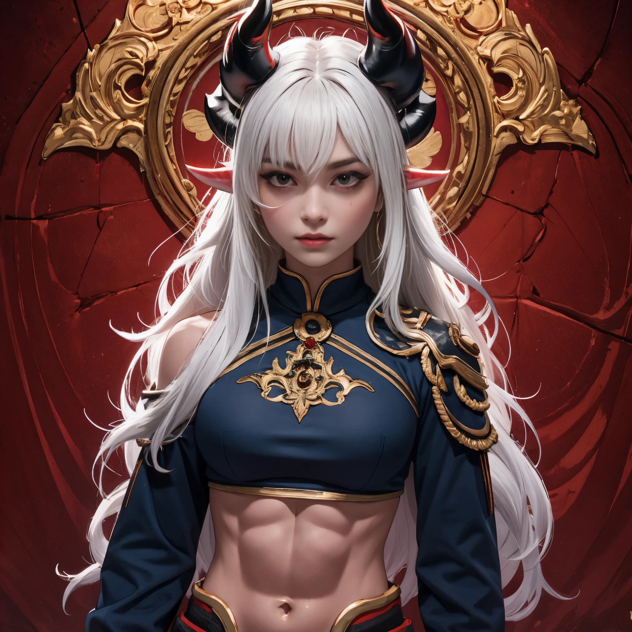 masterpiece, 8k resolution, high quality, high resolution, best quality, extremally detailed, best resolution, absurd resolution, ray tracing, high detailed, extremely detailed,detailed face, shoulder length white hair, female oni,two red horns on her head, muscular body, dark blue skin, scars, six pack abs, exposed midriff, tall, solo female