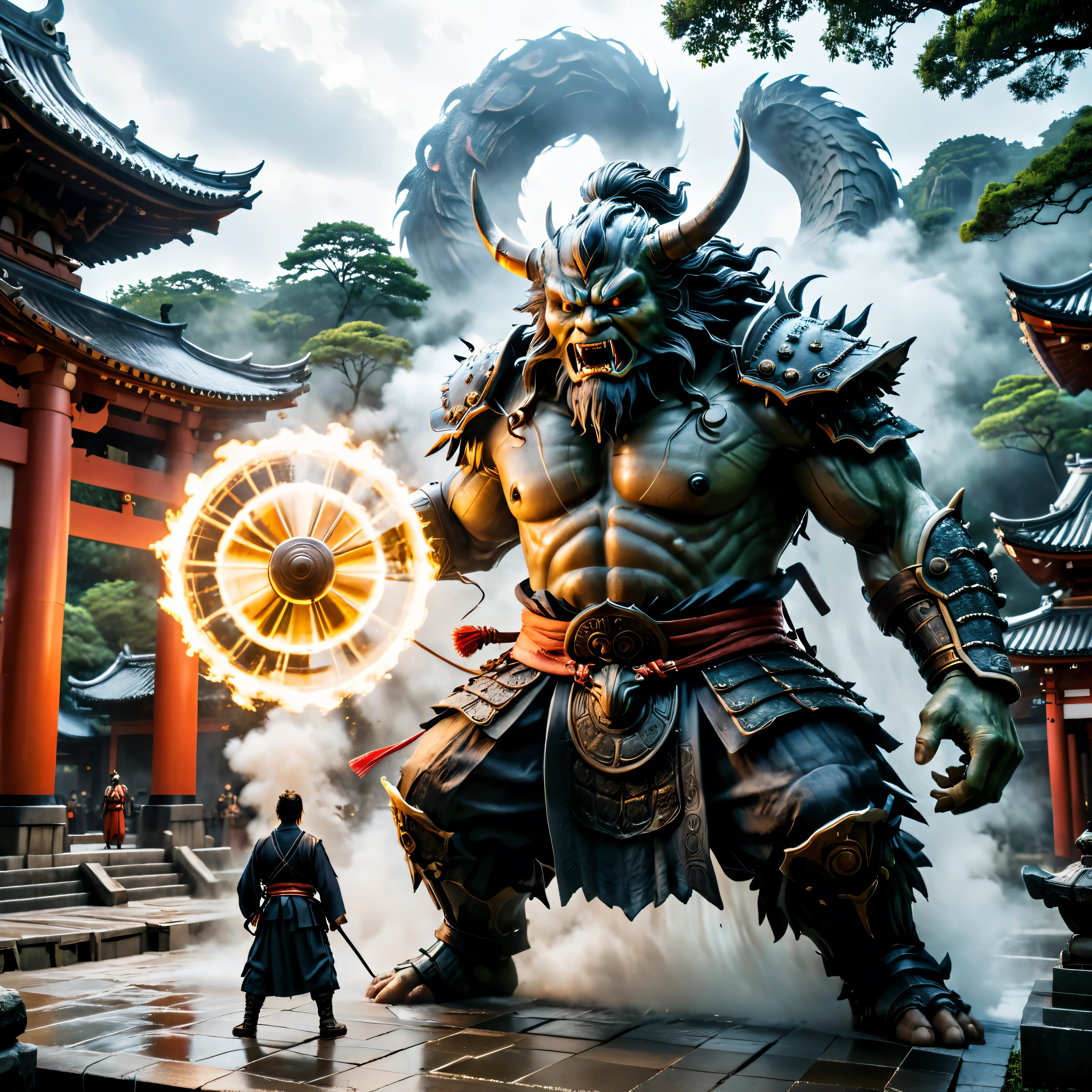 ((Masterpiece in maximum 16K resolution):1.6),((soft_color_photograpy:)1.5), ((Ultra-Detailed):1.4),((Movie-like still images and dynamic angles):1.3),((final showdown scene):1.1) | (Cinematic photo of a samurai facing a giant yokai monster at a temple), (cinematic lens), (samurai), (giant yokai), (shimmer), (tyndall effect), (visual experience), (Realism), (Realistic), award-winning graphics, dark shot, film grain, extremely detailed, Digital Art, rtx, Unreal Engine, scene concept anti glare effect, All captured with sharp focus.