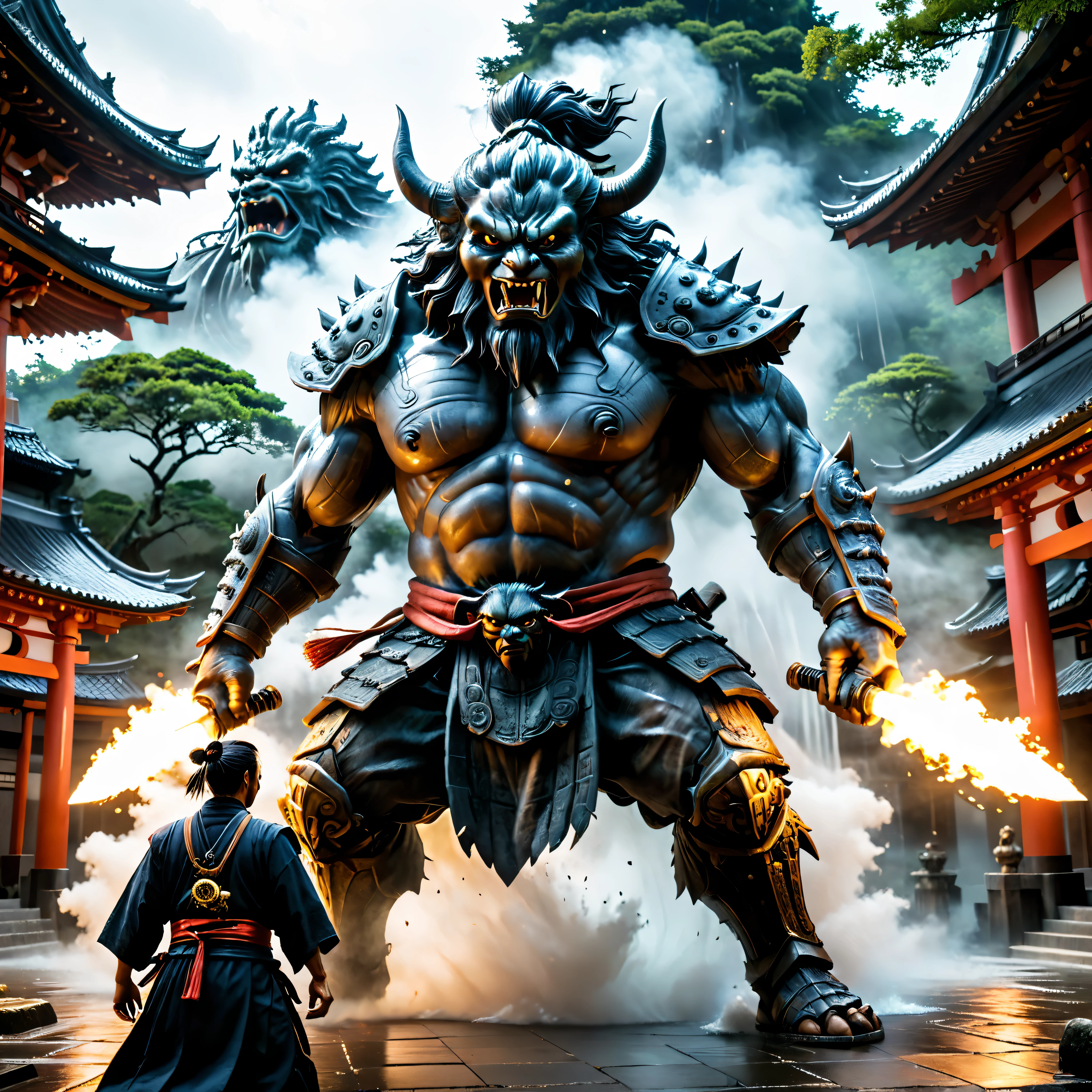 ((Masterpiece in maximum 16K resolution):1.6),((soft_color_photograpy:)1.5), ((Ultra-Detailed):1.4),((Movie-like still images and dynamic angles):1.3),((final showdown scene):1.1) | (Cinematic photo of a samurai facing a giant yokai monster at a temple), (cinematic lens), (samurai), (giant yokai), (shimmer), (tyndall effect), (visual experience), (Realism), (Realistic), award-winning graphics, dark shot, film grain, extremely detailed, Digital Art, rtx, Unreal Engine, scene concept anti glare effect, All captured with sharp focus.