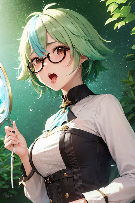 top-quality、ultra-detailliert、girl1、masterpiece、illustration of a girl's face　green  hair、short-hair、glasses, perm hair、dishevle...