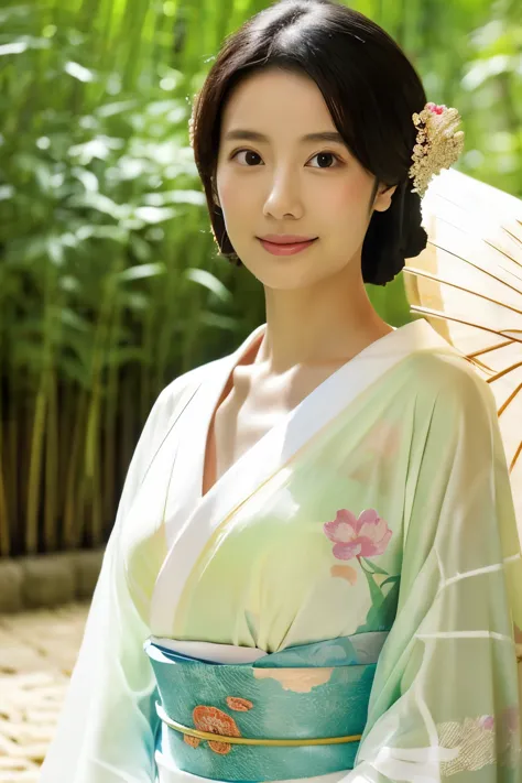 Wearing a white wet translucent kimono, Realistic Japan woman in bamboo bushes, Skinny Japanese female, beautiful female, Goddes...