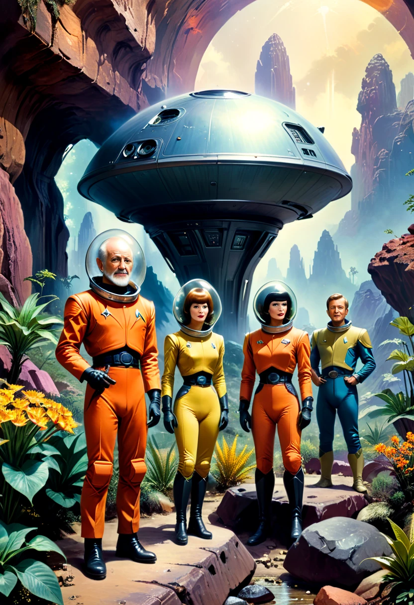 Crew of an old starship from a 1960s TV series in a rustic, planeta pitoresco, lost in space, with scenic plants and rocks, republic series, Programa de TV de Irwin Allen, Science fiction, Uniformes de acampamento coloridos estilo Star Trek e Lost in Space, retro look, vintage, estilo antigo, rostos perfeitos tipo atores dos anos de 1960, ((ROSTOS PERFEITOS)), large very colorful scenery, cogumelos gigantes, plantas aliens, ((ROSTOS PERFEITOS)), incluir um alien na tripulação, rostos melhorados, alien, robot, Planeta Extraterrestre, TV studio lighting, , retro sci - fi art, inspirado em Kelly Freas, por Dave Arredondo, ilustração de Science fiction de polpa, inspirado em Jim Burns, alex gross, Beeple e Jeremiah Ketner, ilustrações de Science fiction, ilustrações de Science fiction, Frank Kelly Freas, por Alex Horley,
