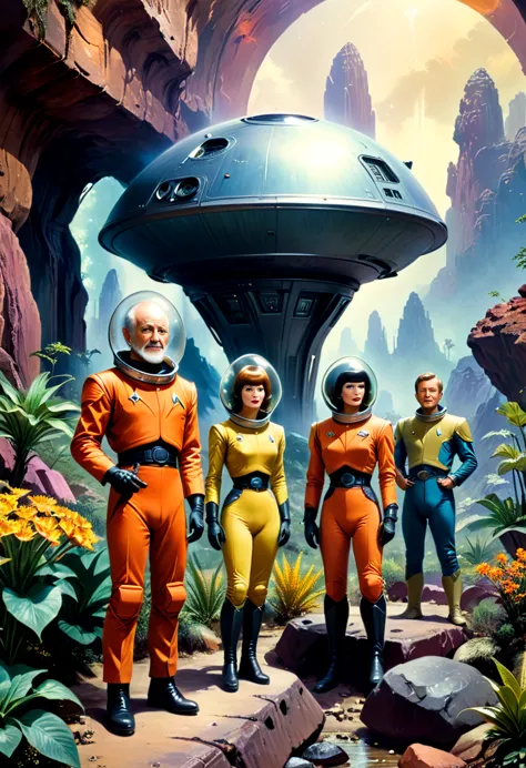 Crew of an old starship from a 1960s TV series in a rustic, planeta pitoresco, lost in space, with scenic plants and rocks, repu...