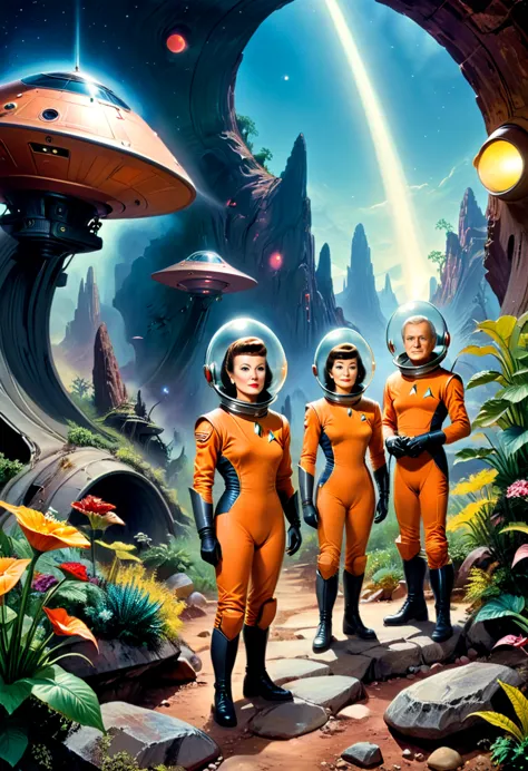 Crew of an old starship from a 1960s TV series in a rustic, planeta pitoresco, lost in space, with scenic plants and rocks, repu...