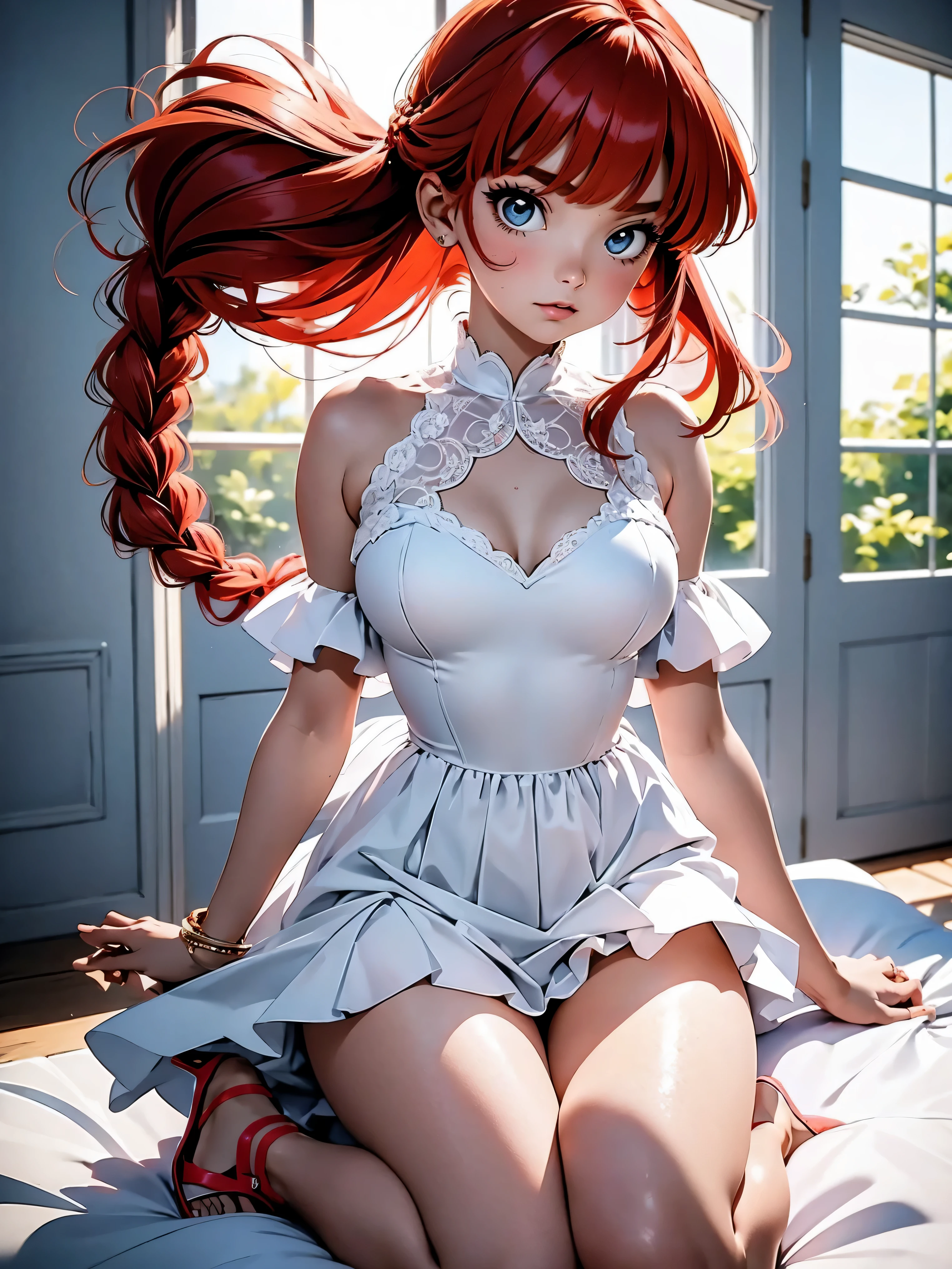 Garota anime ruiva com vestido longo branco com desenho de rosas casamento, saia, 16 anos, corpo bonito, seios grandes, with hands behind head, running your hands through your hair, Garota sexy, red hair with braid , beautiful lighting, sombras suaves, olhos azuis, pernas bonitas, hair with braid, estilo anime, Ranma Chan, Autora Rumiko Takahashi, Baseado em obra de Rumiko Takahashi, Anime Ranma 1/ 2, decote sexy, quadril robusto, corpo inteiro, corpo inteiro, busto grande, garota jovem com corpo belo e bonito, sandals on his feet, garota 16 anos jovem baixa estatura, usando vestido longo branco com desenhos de rosas, estampa florida, vestido com arte florida de rosas, garota anime, estilo anime, beautiful feet in sandals, 45° viewing angle, ao ar livre, vestido com estampa florida rosas, vestido estampado flor rosa