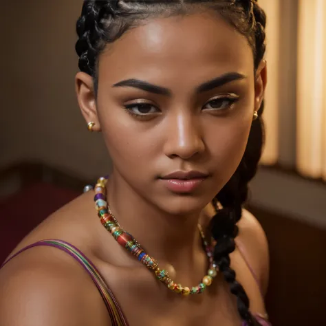 beautiful mixed race woman,short braids,beads in hair, thick legs,plum-shaped,long eyelashes,dark eyebrows,plump lips,(best qual...