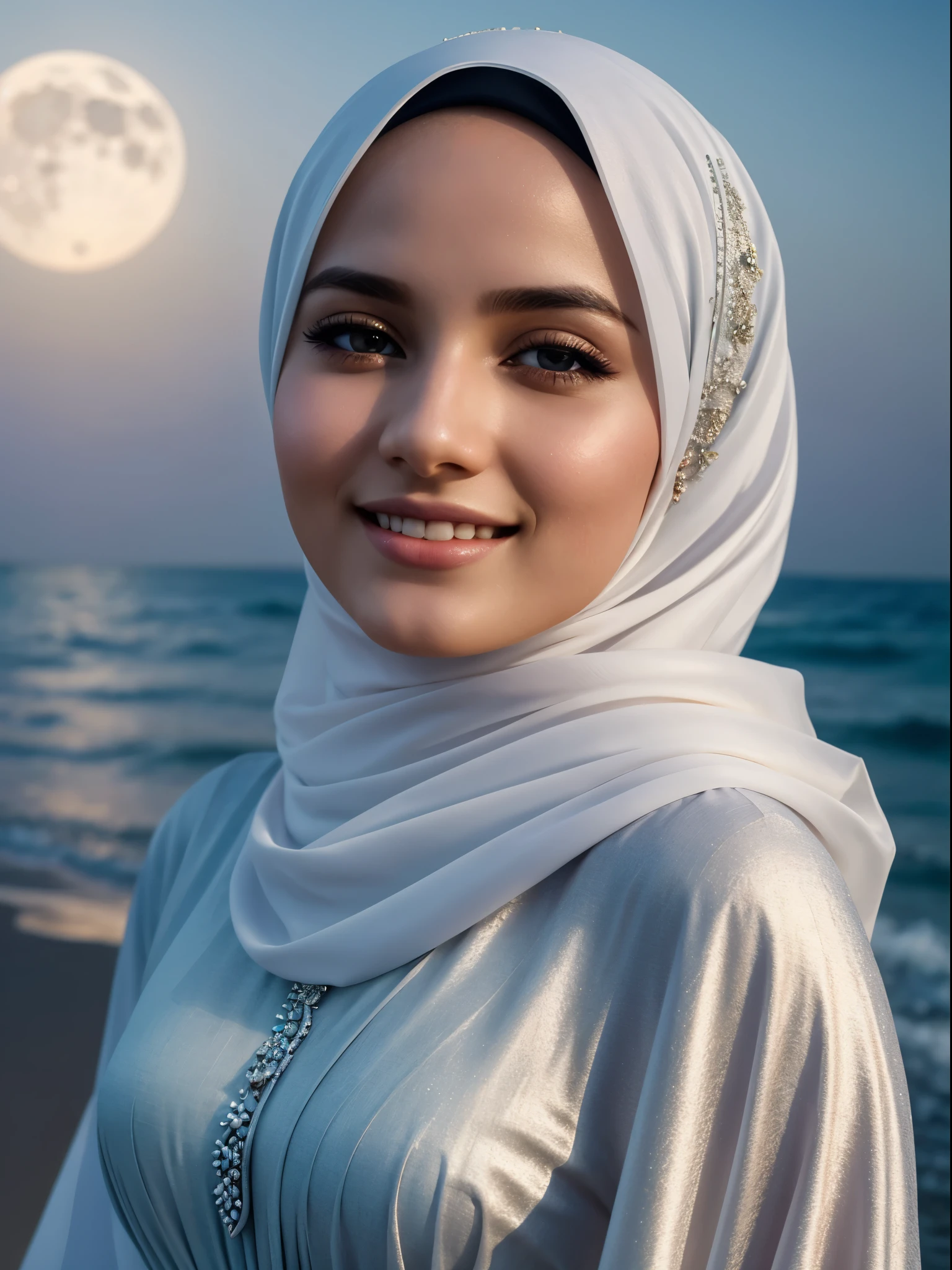 A woman in a white hijab stands on the beach - SeaArt AI