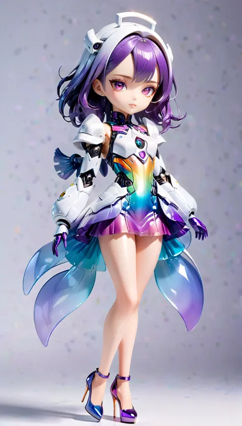 (Blind Box Spielzeug Stil:1.2),full body, solo,white background,(A female robot in a transparent White and purple gradients Iris dress, wearing gloves and high heels),(Chinese color,Very colorful), 3D